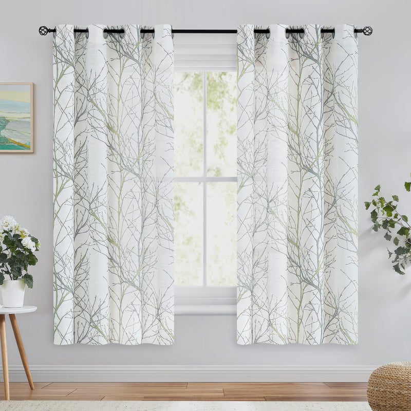 FMFUNCTEX Linen Semi Sheer Curtains for Bedroom, Sage Green White Curtains 63 Inches Long for Living Room, Grey Tree Branch Print Curtain Light Filtering Farmhouse Window Drapes, Grommet Top 2 Panels - Image 2